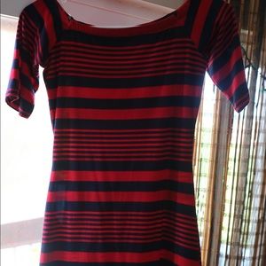 Red and blue tight striped dress